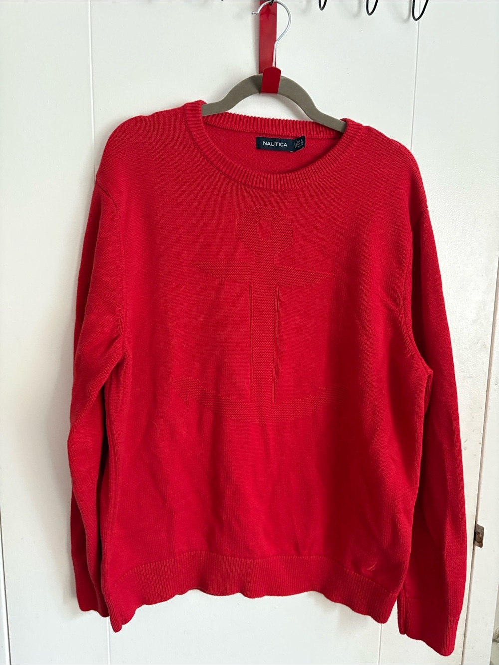 Nautica Men’s Bright Red Crewneck Sweater with Anchor Texture